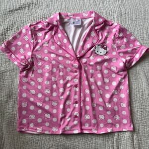 Hello Kitty Sleep Shirt Pink Print Collared Button Up Short Sleeve Size M